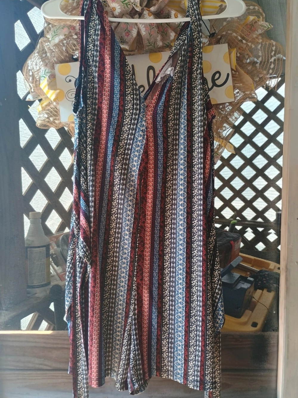 BCBGeneration Striped V-Neck Mini Dress in Red, Blue, Black and White